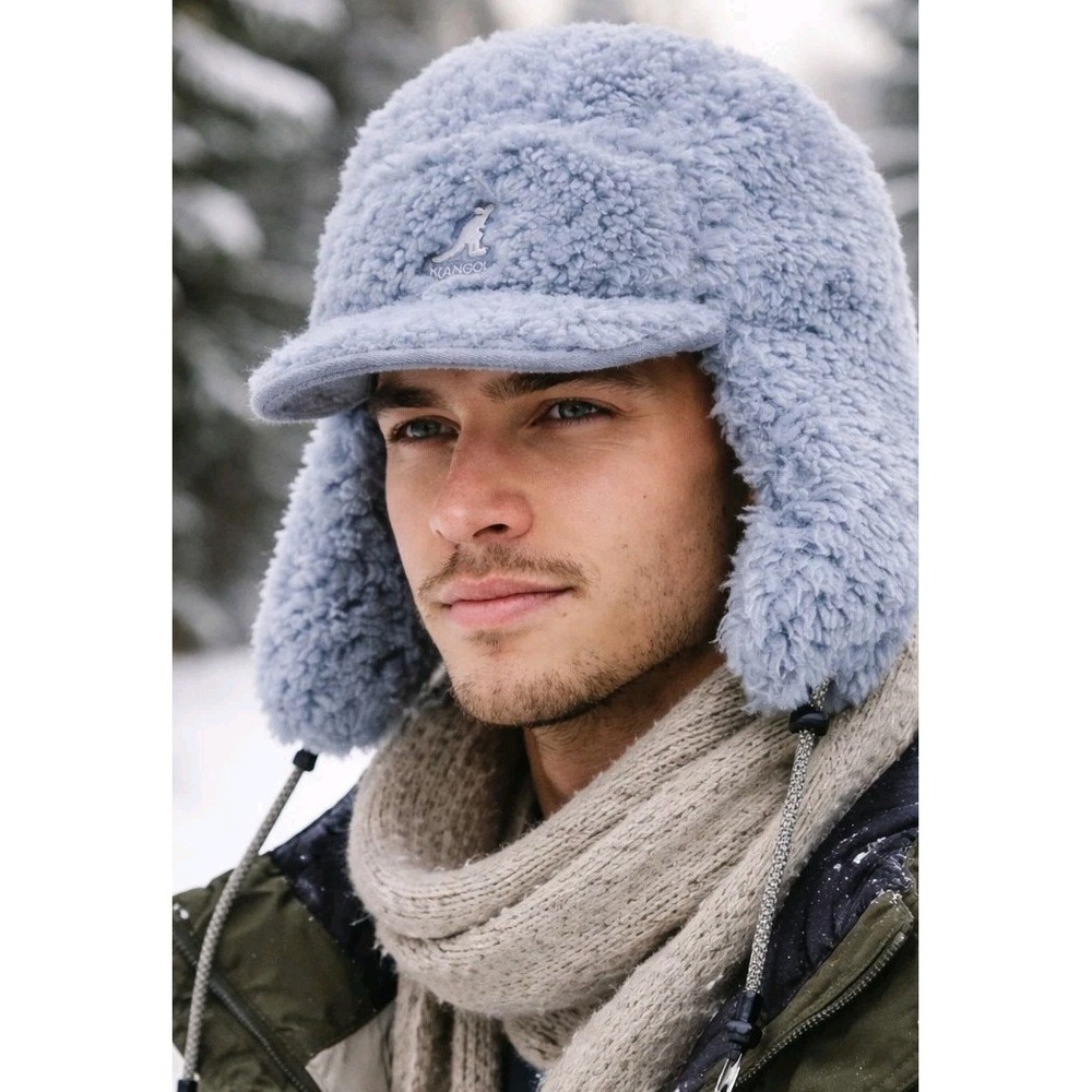 Kangol Faux Shearling Utility Flap Cap Plush Blue Gray One Size Ear Hat K5356